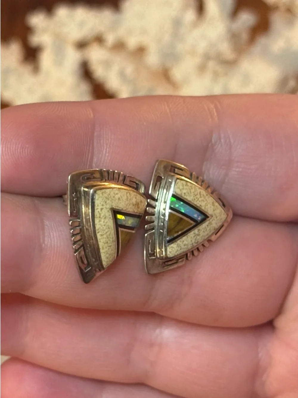 Native American Sterling VTG Inlay Earrings - Picture 12 of 16
